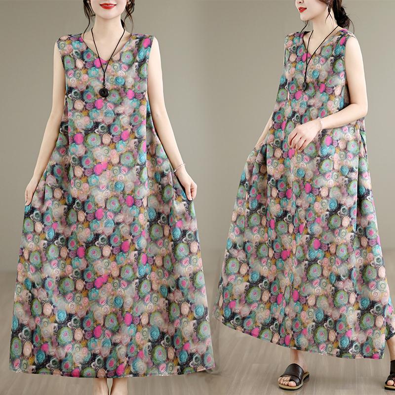 DIMANAF New 2026 Women Plus Size Summer Lady Long Dress Vest Sleeveless Pockets Loose Oversize Maxi Floral Print Sundress Beach Clothing