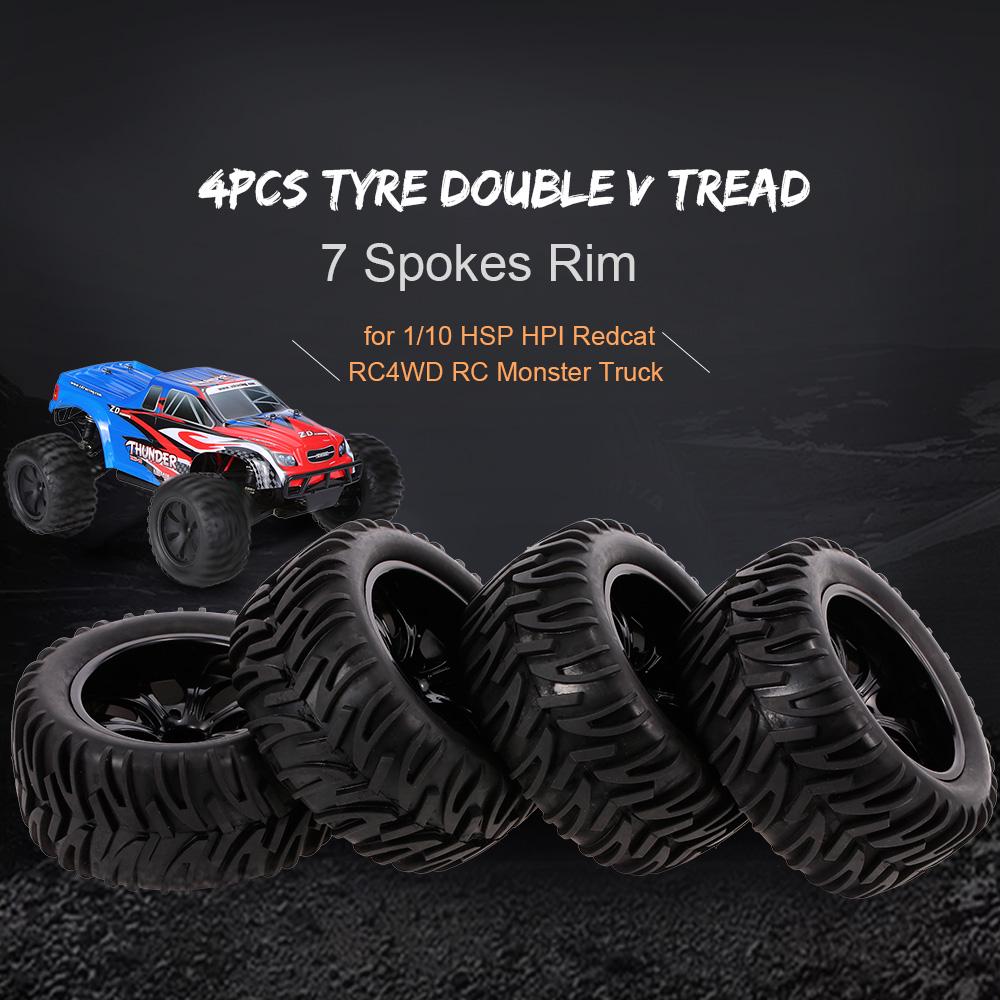 4PCS 1/10 Off-road Tyre Double V Tread Pattern 7 Spokes Rim for 1/10 HSP HPI Redcat RC4WD RC Monste