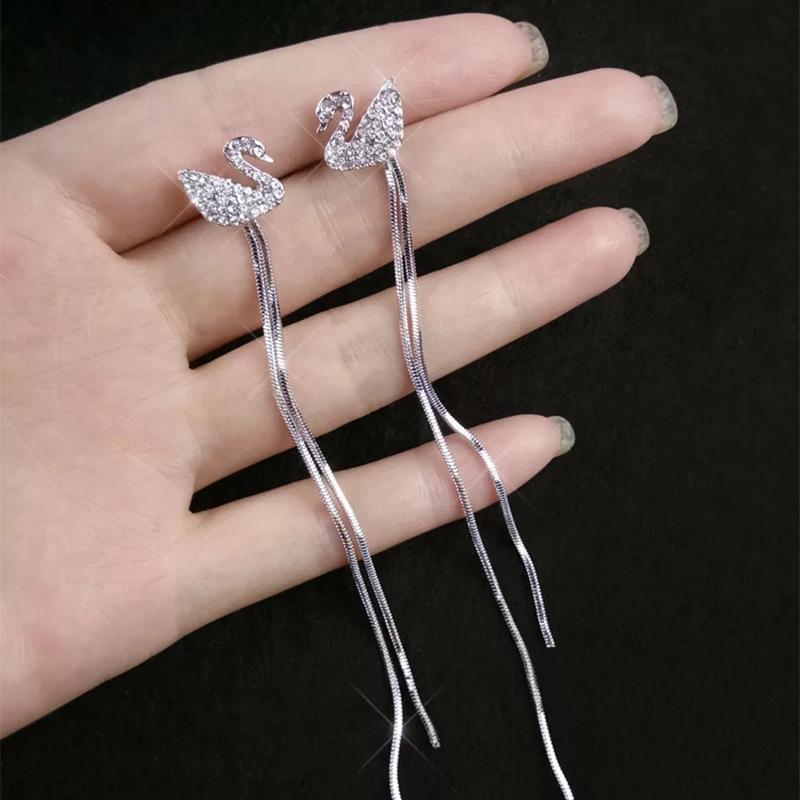 

Блестящие черные бриллианты цирконы лебедь длинные серьги-кисточки модные элегантные серьги женские свадебные украшения 1Pair серебряный