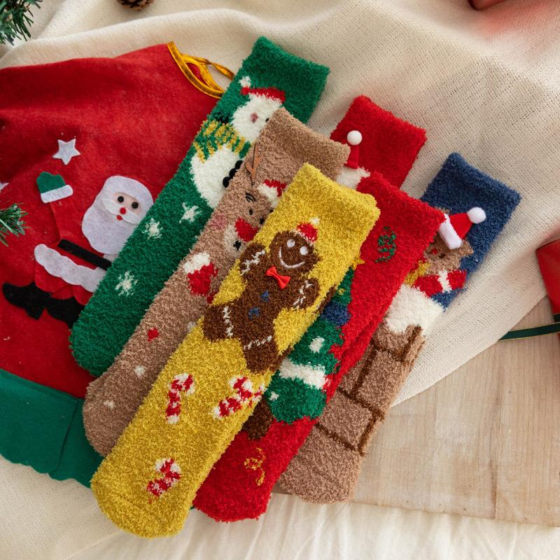 5/10 Pairs Comfortable Casual Autumn Winter Thickened Christmas Socks for Women Home Warm Coral Fleece Socks Cute Cartoon Straight Leg Floor Socks