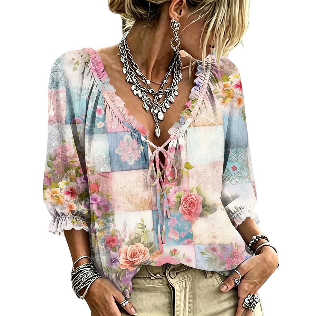 Women's Casual Printed V-Neck Ruffle Tie Blouse