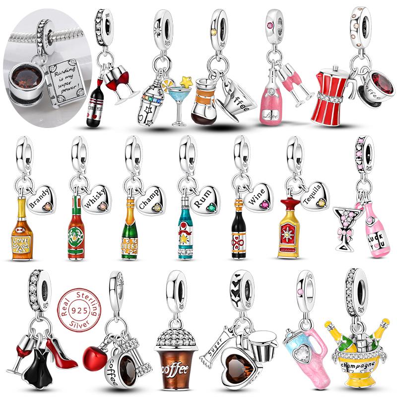 Charms Beads Pendant 925 Silver Wine Coffee Cup Whisky Charms Fit Bracelet Necklace Woman DIY Jewelry Making