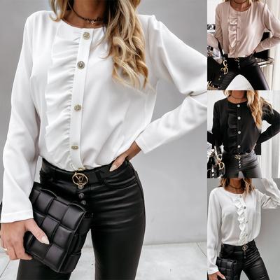 Autumn Winter Long Sleeved Round Neck Buttoned Ruffled Women's Base Shirt  Shirt Top