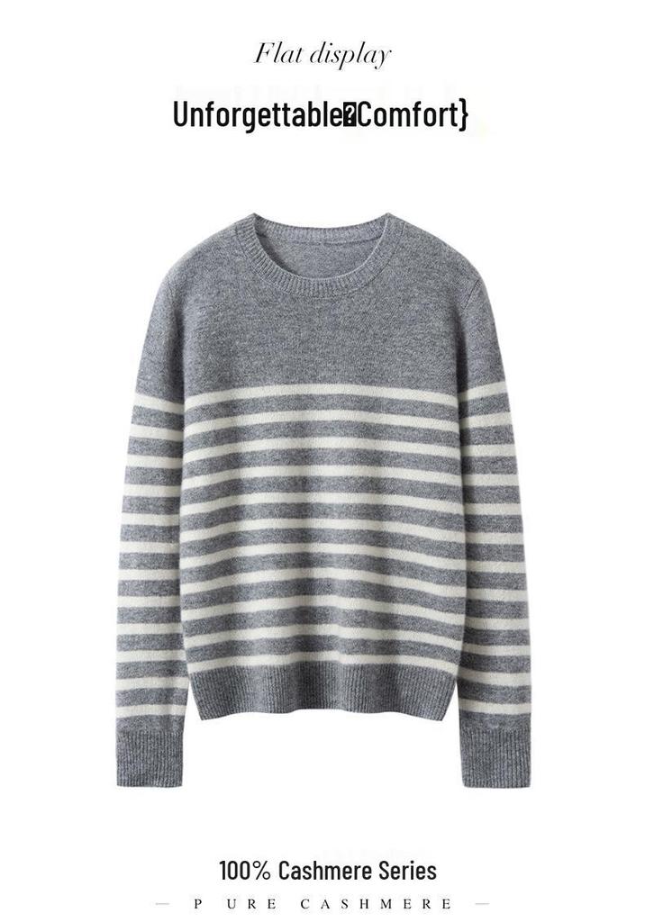 Round Neck Cashmere Knit Sweater for Women - Long Sleeve, Color Block Stripes, Versatile Autumn/Winter Base Layer Top