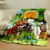 A cheerful sun and cartoon animals gather amid trees, grass, and flowers. for all seasons blanket lunch break throw gift