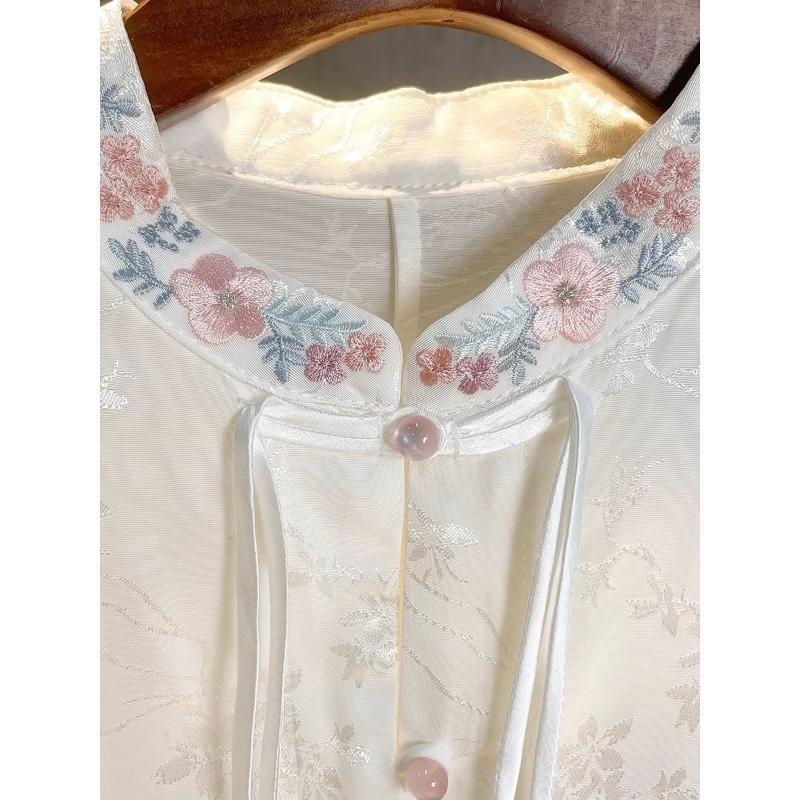 2025 Primăvara Devreme Top Cool Alb Cămașă Retro Brodată Buton Zen