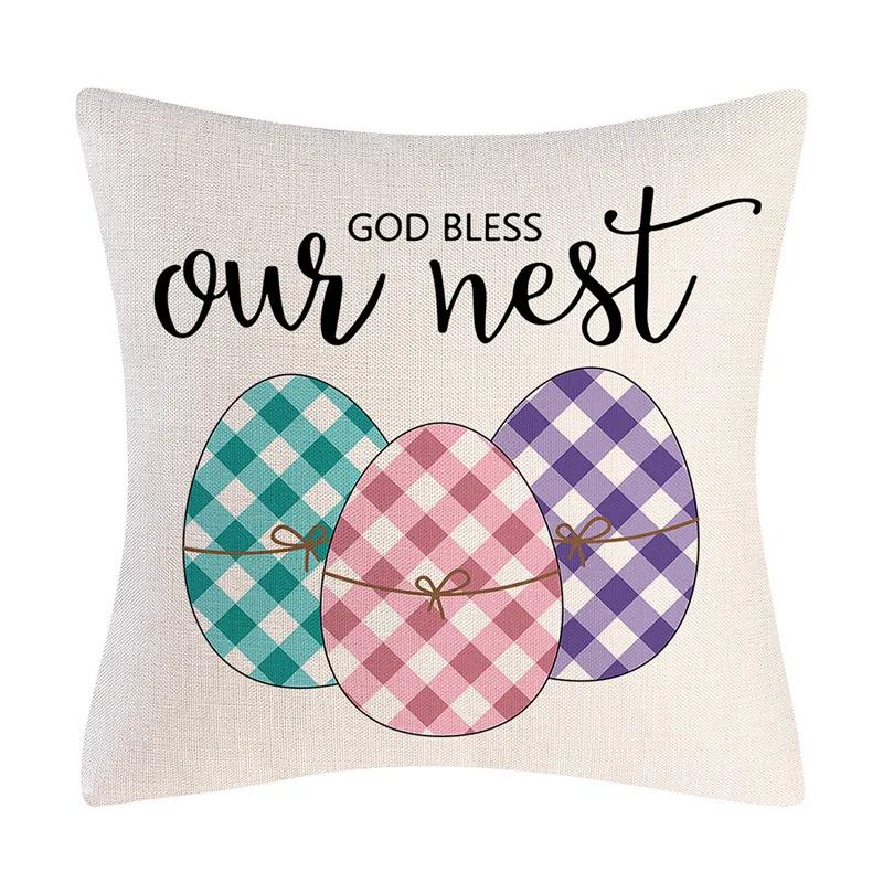 Happy Easter Cushion Cover Bunny Eggs Printed Pillow Cover Easter Rabbit Printed Pillowcase Home Decorative Throw Pillow Case