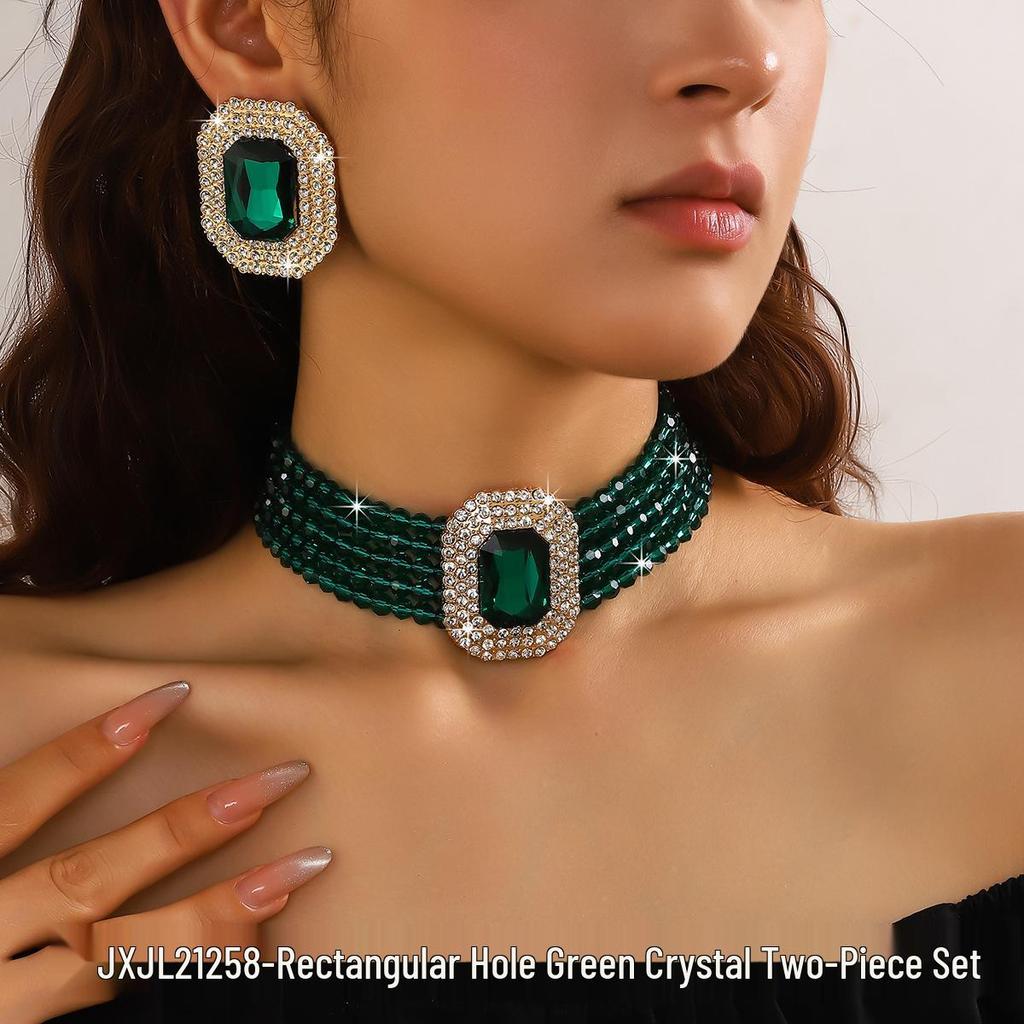 Luxe Meerlaagse Kristalglas Geometrische Rechthoek Choker Ketting en Oorbellen Set