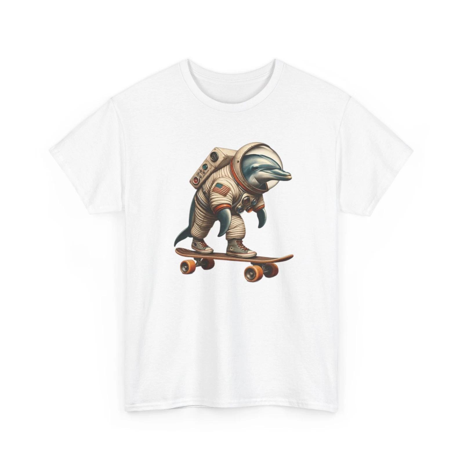 Unisex Adult T Shirt Dolphin Space Suit Riding Skateboard Cosmic Sci Fi Tee Gift 3XL