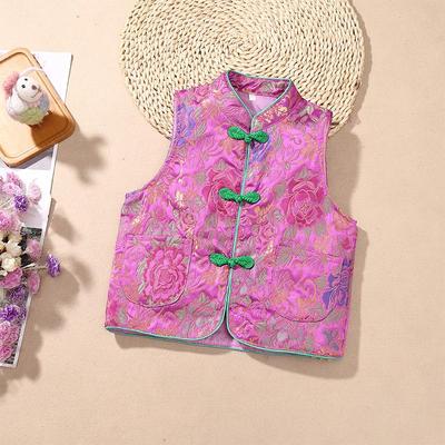 Dívčí trendy žakárová vesta Tang s žabími knoflíky - Bezrukávový top na jaro/podzim