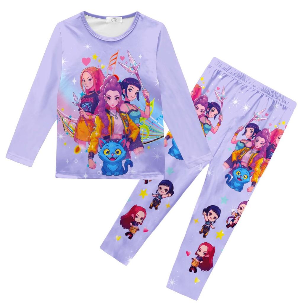 

Kids Girls K-POP Rumi Mira Zoey Print Long Sleeves T-Shirt Top Pants Trousers Pajamas Sleeping Sleepwear Sets 110cm
