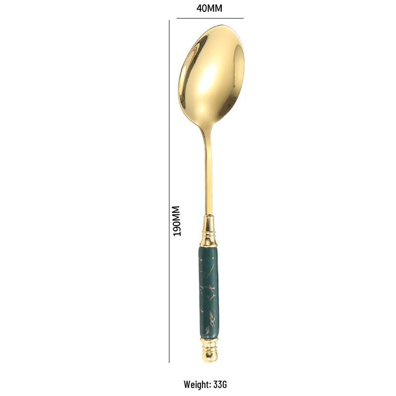 

Легкий роскошный набор столовых приборов из нержавеющей стали с керамической ручкой - нож, вилка, ложка, десертная ложка, вилка для фруктов в подарочной коробке Palace spoon золотой/зелёный