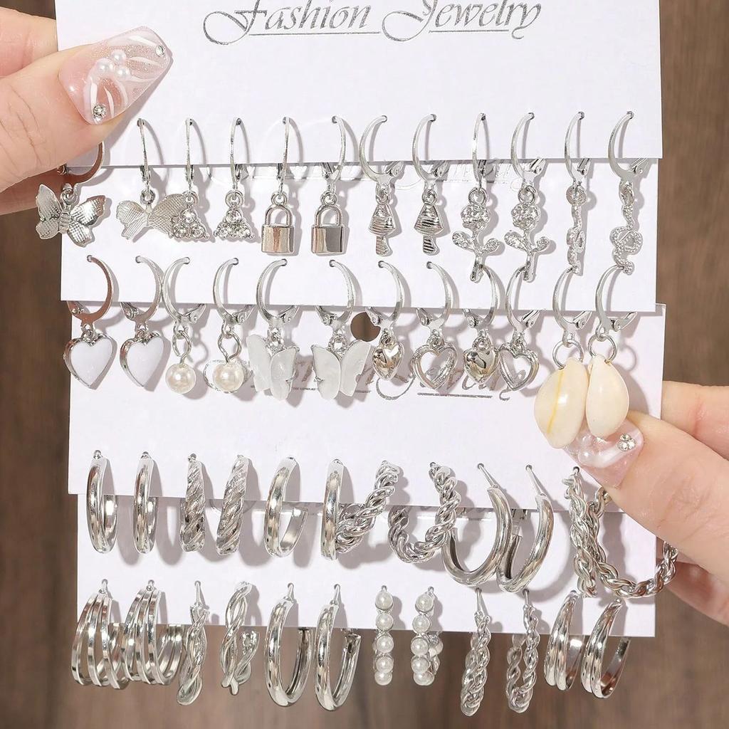 24pairs/set Fashionable Faux Pearl Decor Twist Design Hoop Earrings For Women For Daily Life Heart & Butterfly Drop Earrings