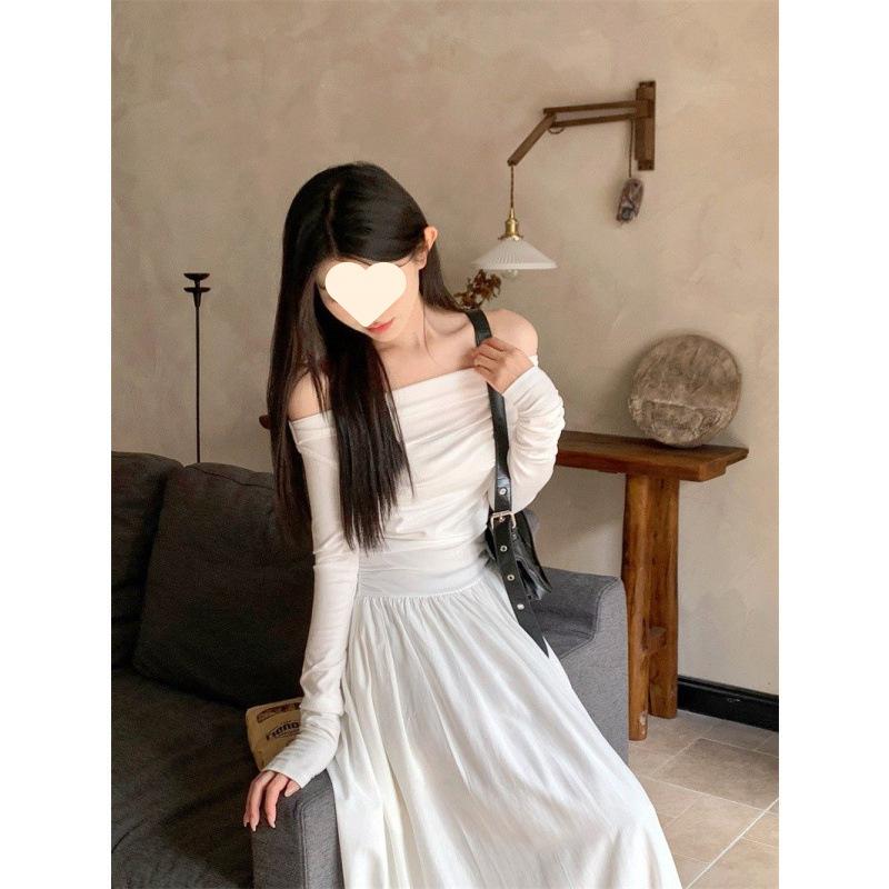 Temperament one-word collar long-sleeved dress for women's autumn new off-the-shoulder waist and thin A-word long dress