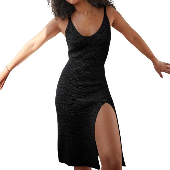Women's Crochet Bodycon Dress Summer Knit Sleeveless Tank Dress High Slit Midi Dress Beach Cover Up Hollow Out Sundress