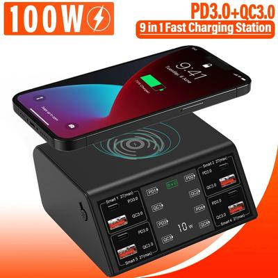 Stazione di ricarica rapida USB Type-C da 100 W a 8 porte QC3.0 PD3.0 PPS per ricarica wireless, telefono da tavolo, iPad, tablet e telefono.