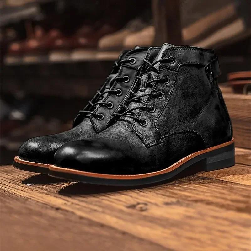 Motorcycle Boots American Casual Leather Shoes Men's UK Style Retro Work Shoes Men Big Head Lace Up Ankle Boot Plus Size 2024
