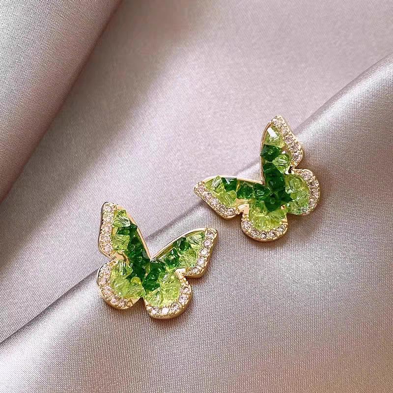 Elegant Forest Gradient Green Butterfly Earrings: Exquisite 925 Silver Needle Design