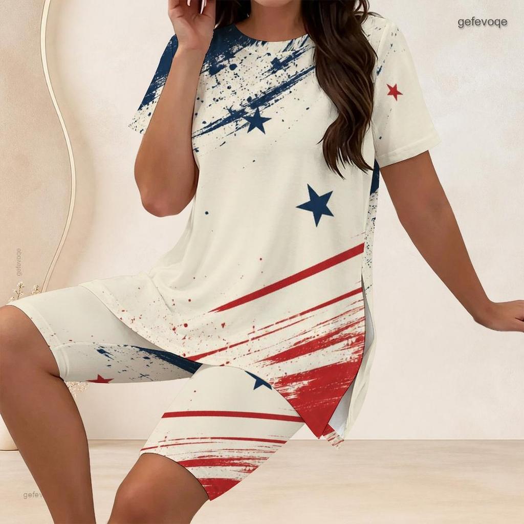Women Plus Size 2 Piece Set Crew Neck Short Sleeve Side Slit Top Biker Shorts Red Blue Gold Star Paint Print Outfit