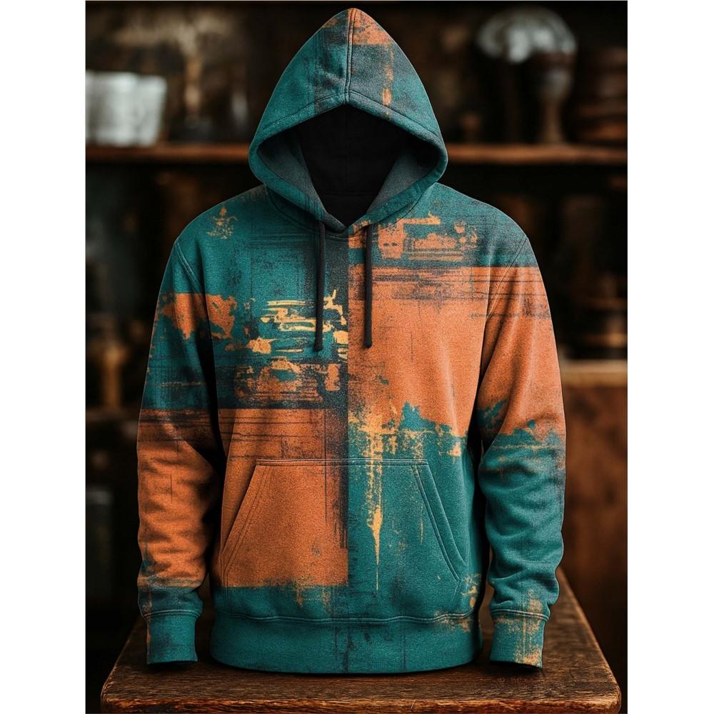 Men's Multicolor Art Print Hoodie, Irregular Graphic Pullover, Urban Streetwear Style, Fall Winter Comfort Wear