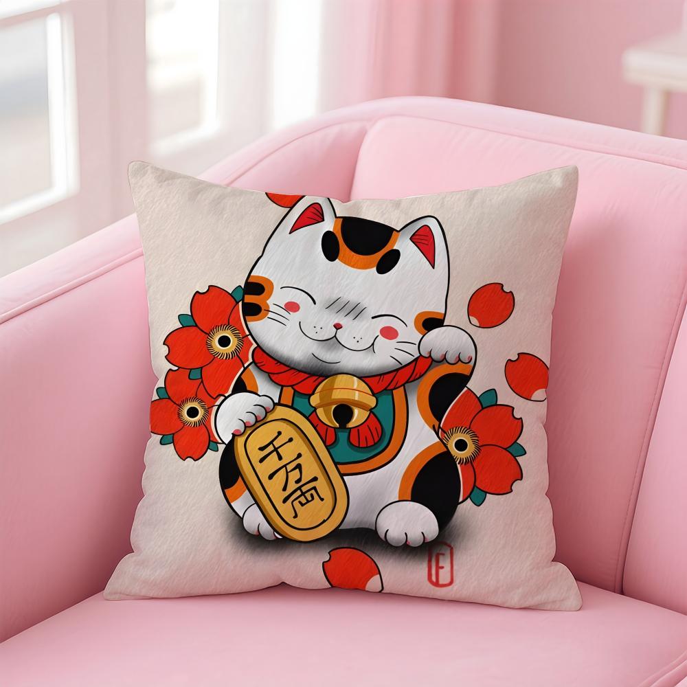 Rich Luck Maneki  neko Cushion Cover Linen Pillowcase Cover Soft Decor for Sofa Home Room