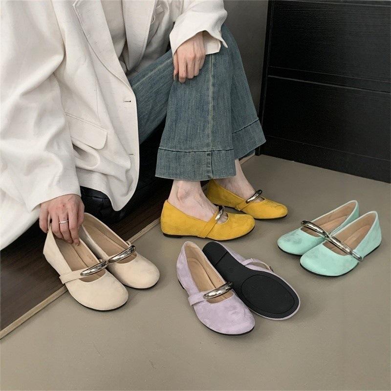 Inner Height Increase Round Head Shallow Mouth Single Shoes Female Retro Fairy Gentle Beanie Shoes Female Soft Sole Yellow Ladyshoes