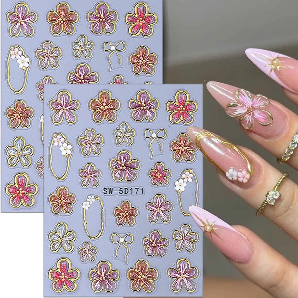 2Pcs 3D Gold Leaf Floral Nail Art Stickers, Adhesive Decorative Nail Decals for Elegant Manicure