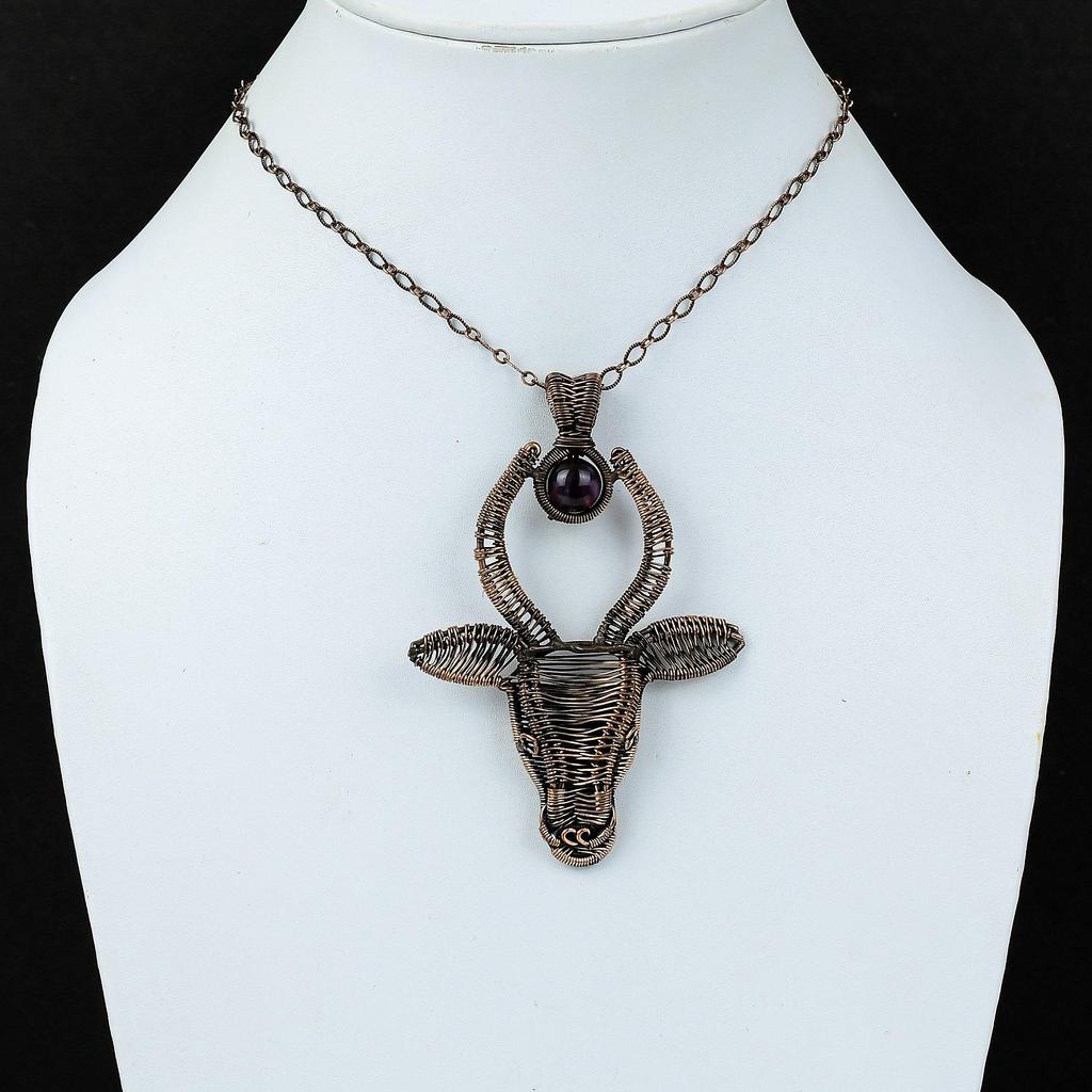 African Amethyst Pendant Copper Wire Wrapped Jewelry Bull Face Gemstone Pendant Copper Pendants Handmade Jewelry Wire Wrap Pendant For Gift