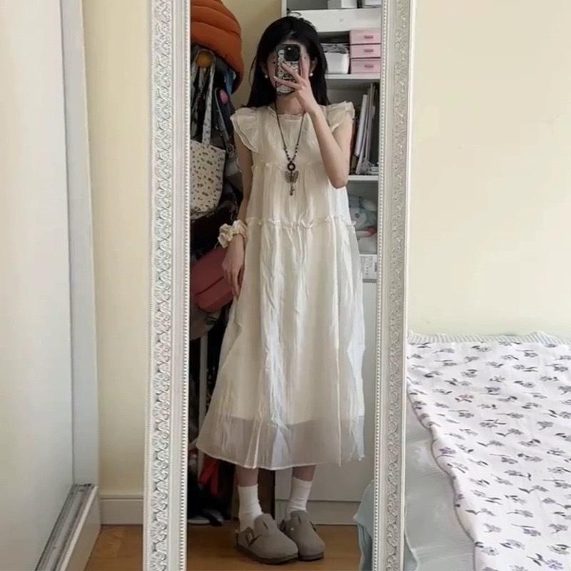 Summer New French Coffee Break Round Neck Small Flying Sleeve Dress Women's Niche Fresh Age Reduction Loose and Thin Vest Skirt