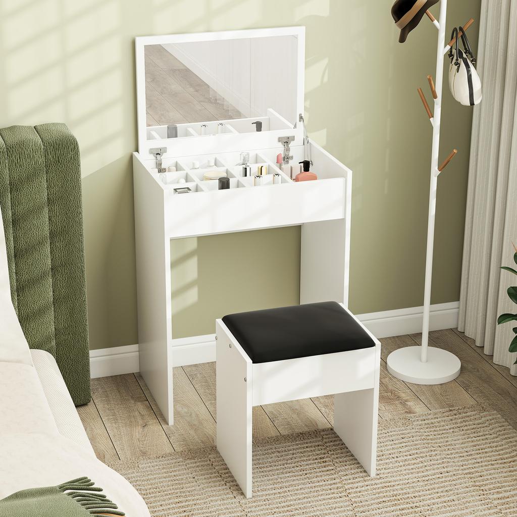 Tocador de Maquillaje con Espejo Plegable, Tocador de Maquillaje Moderno, con Taburete, Compartimento de Almacenamiento con 10 Secciones, MDF Blanco, 60.2 x 40.2 x 79cm