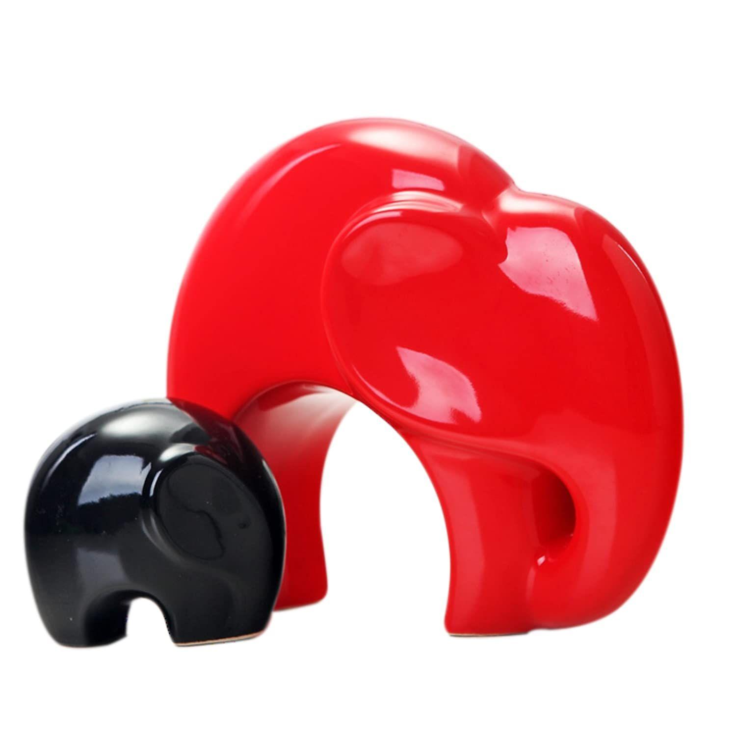 

Home Décor Lucky Charm Elephant Mother and Kid Set | Piano Finish Ceramic Figures - (Set of 2 Piece, Red and Black)