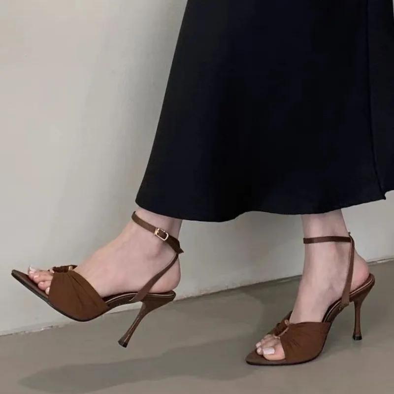 Women Sandals Summer Pointed Toe Thin High Heels Banquet Party Female Shoes Sexy Pleated Hollow Out Buckle Strap Sandals Women