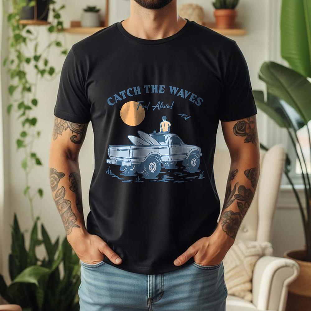 2026 Summer 100 Cotton Catch The Waves Graphic Oversized Tee Surf Pickup Summer Casual Themed Short Sleeve