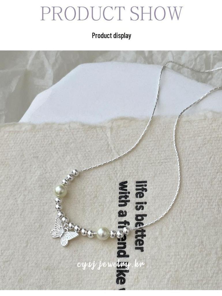 Cui Yan S925 Sterling Silver Korean Butterfly Pearl Necklace, Light Luxury Sweet Jewelry for Women.