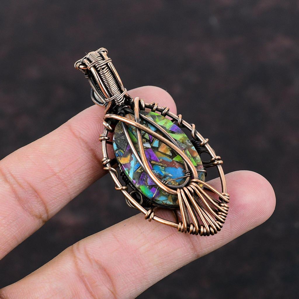 Fiesta Kingman Turquoise Pendant Copper Wire Wrapped Gemstone Pendant Evil Eye Multi Copper Turquoise Pendant Rainbow Moonstone Wire Jewelry