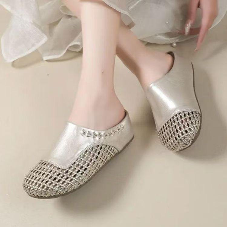 Baotou Half Slippers Women's Summer Outer Wear 2025 New Inner Height Increase Hollow Woven One-pedal Single Shoes Cool Slippers