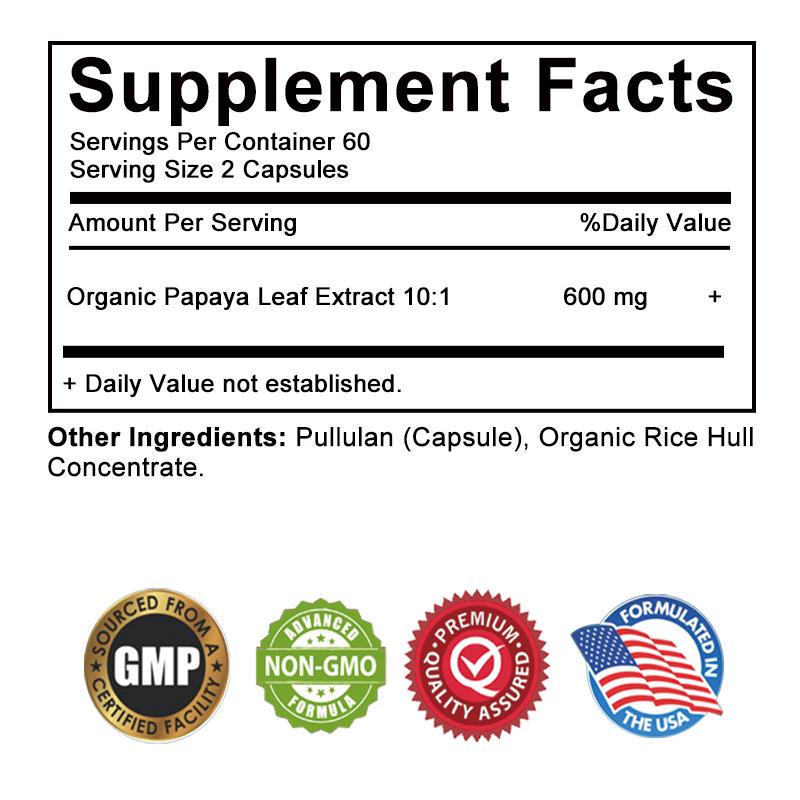 Pslalae Organic Papaya Leaf Extract Capsules 600mg 120 Count — 10:1 Concentrated Superfood with Enzymes