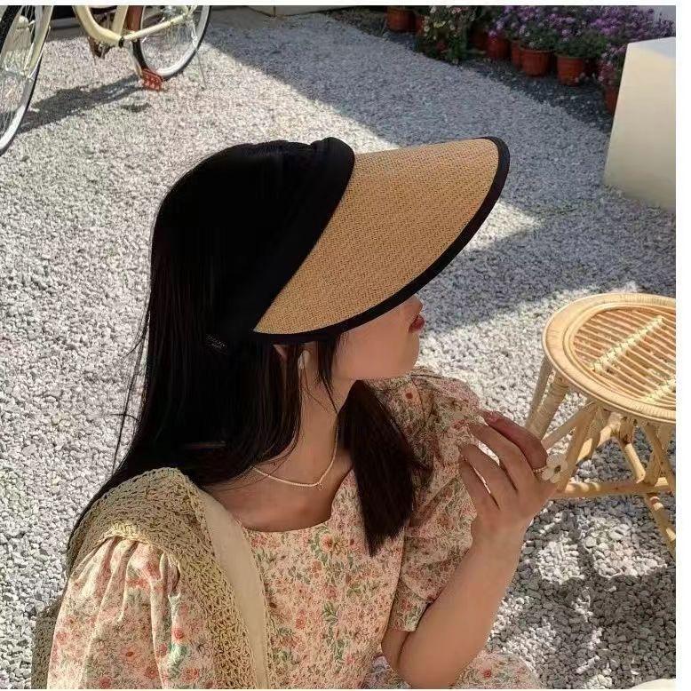 New Summer Sun Protection Hat UV Headband Straw Woven Empty Top Big Brim Showing Face Small Straw Hat