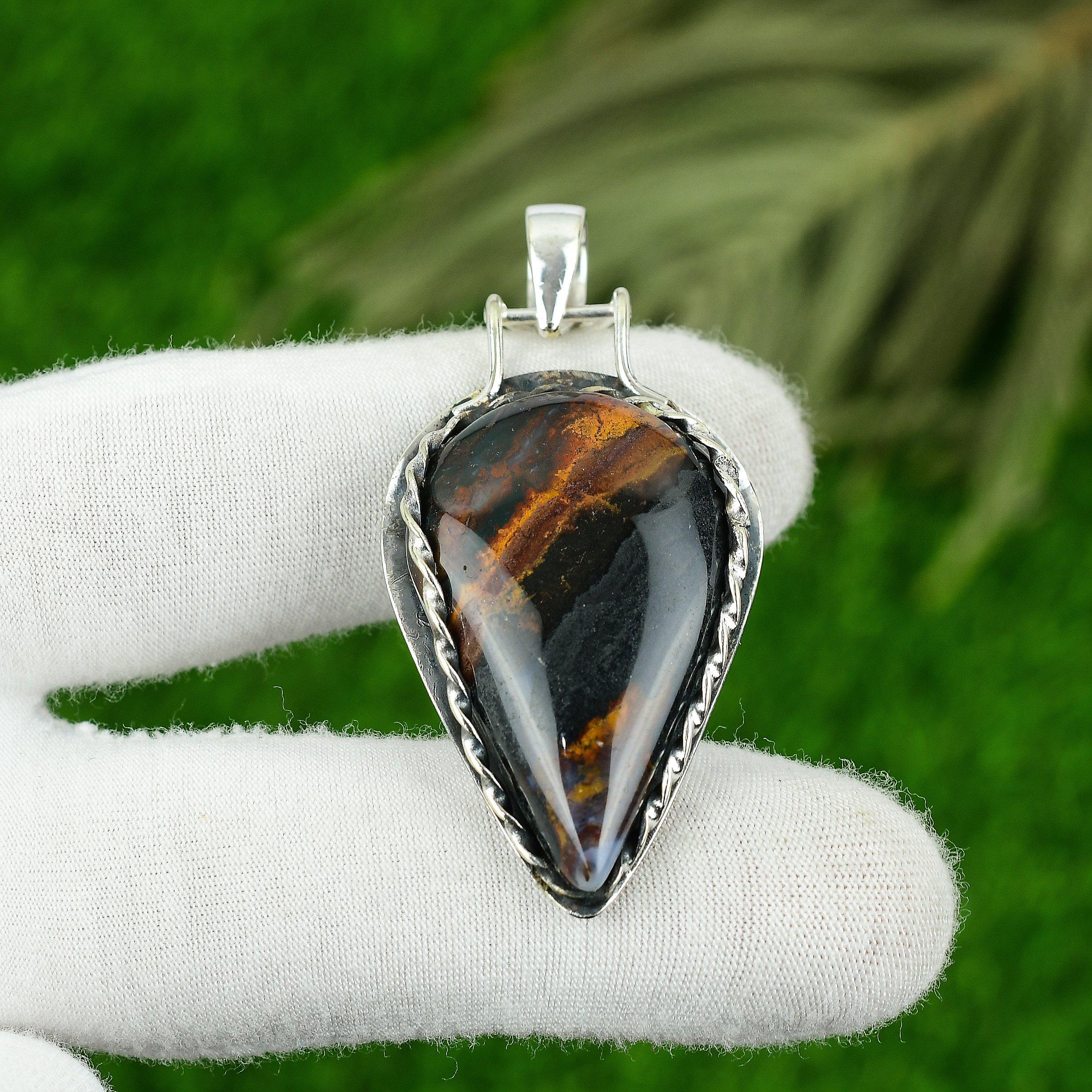 

925 Sterling Silver Pear Iron Tiger Eye Stone Handmade Wife Anniversary Pendant