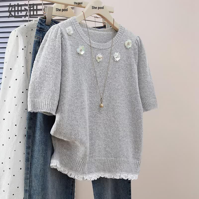 Women s Sweet 3D Floral Sequin Knit T-Shirt One Size