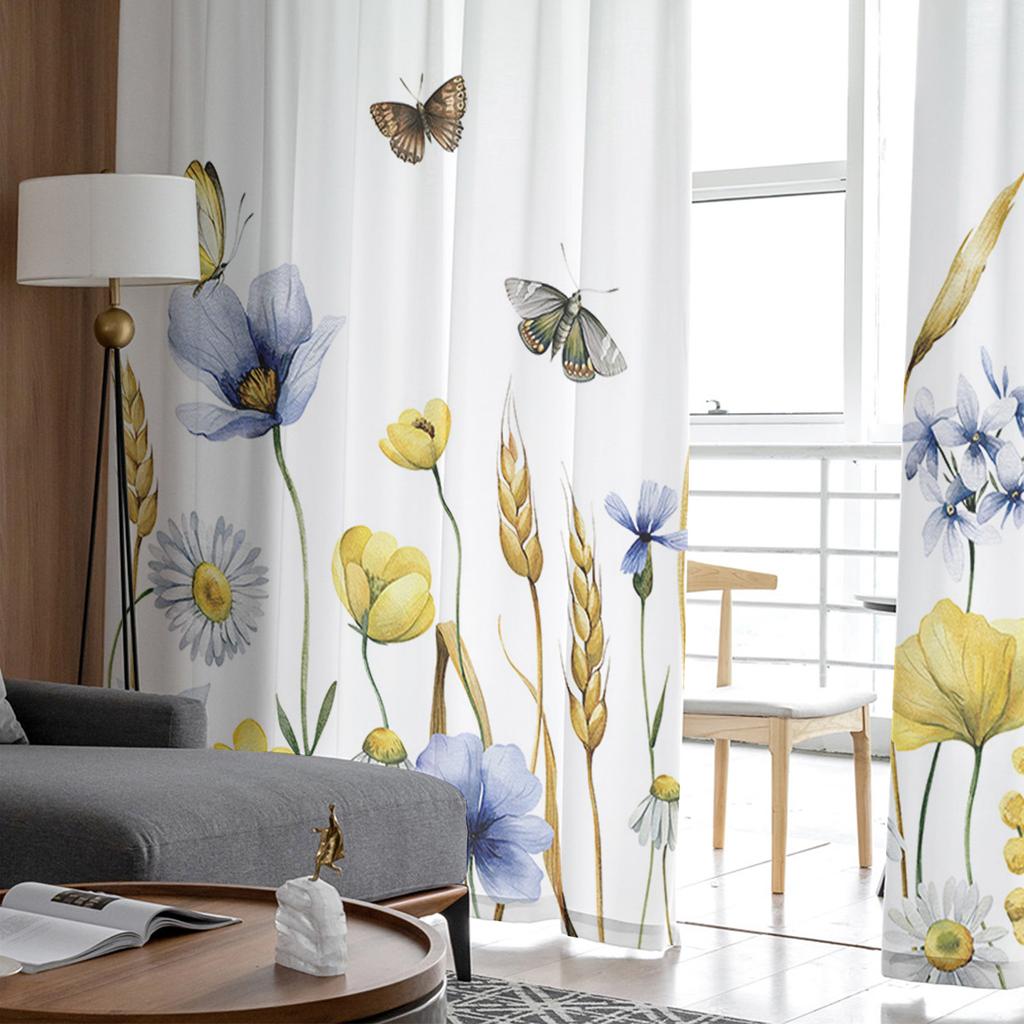Fenstervorhänge mit Blumen- und Schmetterlingsmotiv, Weizenohr, für Wohnzimmer, Schlafzimmer, Küche, Chiffon, durchsichtige Fensterbehandlung
