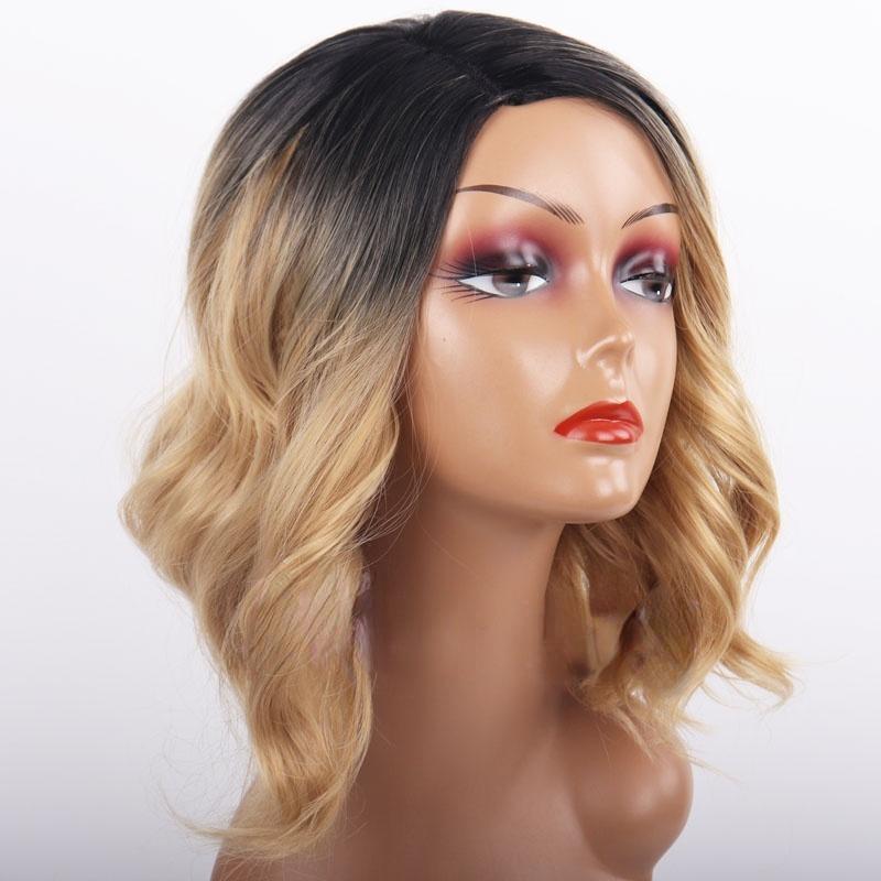 

MISS WIG Жіноча хвиляста перука довжиною до плечей без чубчика Омбре Чорно-коричнева світла перука Коротка кучерява перука для жінок with wig cap