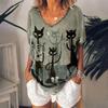 Camiseta feminina dos desenhos animados gato impressão verão manga curta com decote em v kawaii moda casual camisetas com gato engraçado feminilidade roupas