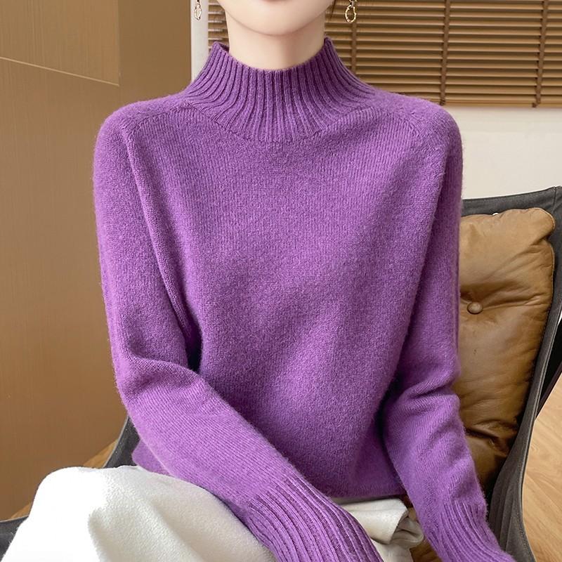 Pulover Gros de Toamnă și Iarnă cu Gât Semi-înalt din Lână pentru Femei, Simplu, Versatil, de Bază