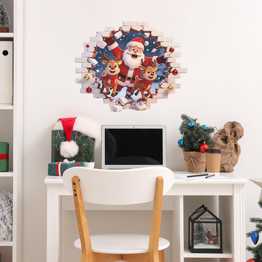 3D Wall Breaking Santa Claus Reindeer Wall Sticker Self Adhesive Living Room Bedroom Entryway Decor
