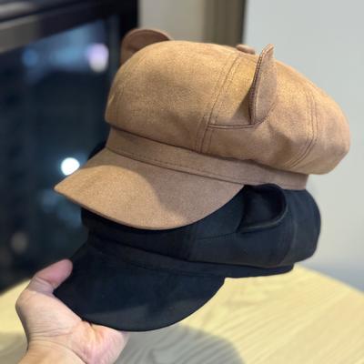 Autumn and Winter New Flocked Cloth Cat Ears Octagonal Hat for Women  Sweet Niche Face Showing Versatile Duck Tongue Painter Hat