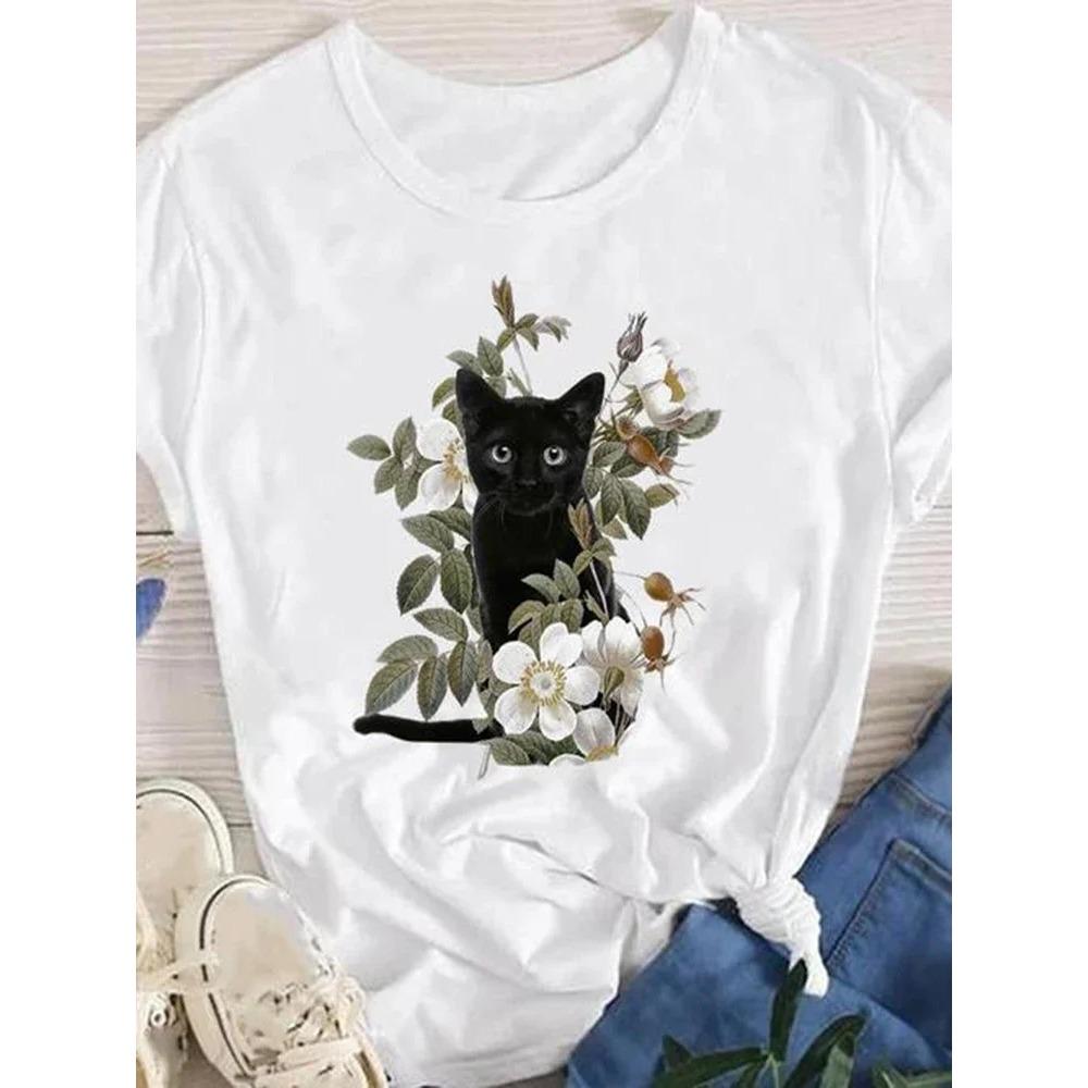 Cute Cat Animal Cartoon Print Graphic Women T Shirt Cartoon Graphic Printed Ladies T-shirt Casual Woman Shirt Kawaii Tee Shirt