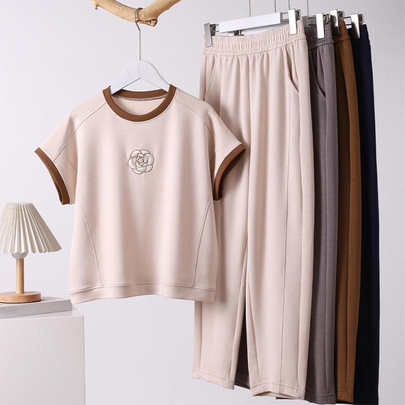 

2 предмета Летний костюм Женский футболка брюки Двойка Удобный Топ с коротким рукавом и Длинные брюки Свободный Повседневный костюм M белый