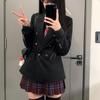 Japanese Style Double-Breasted Black Blazer: Versatile, Waist-Cinched, Long Sleeve Jacket for Girls - Perfect for Autumn/Winter