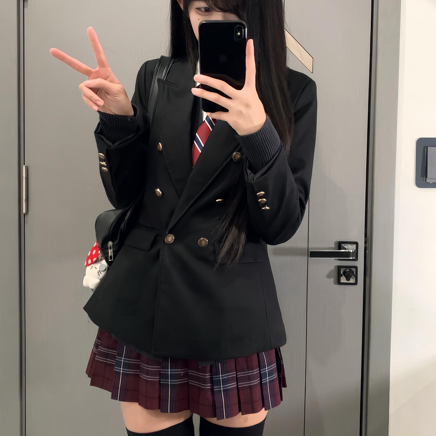 

Japanese Style Double-Breasted Black Blazer: Versatile, Waist-Cinched, Long Sleeve Jacket for Girls - Perfect for Autumn/Winter Extra Large